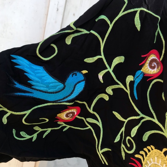 Other - Black bird floral embroidered kaftan Bohemian gypsy magical poncho robe dress